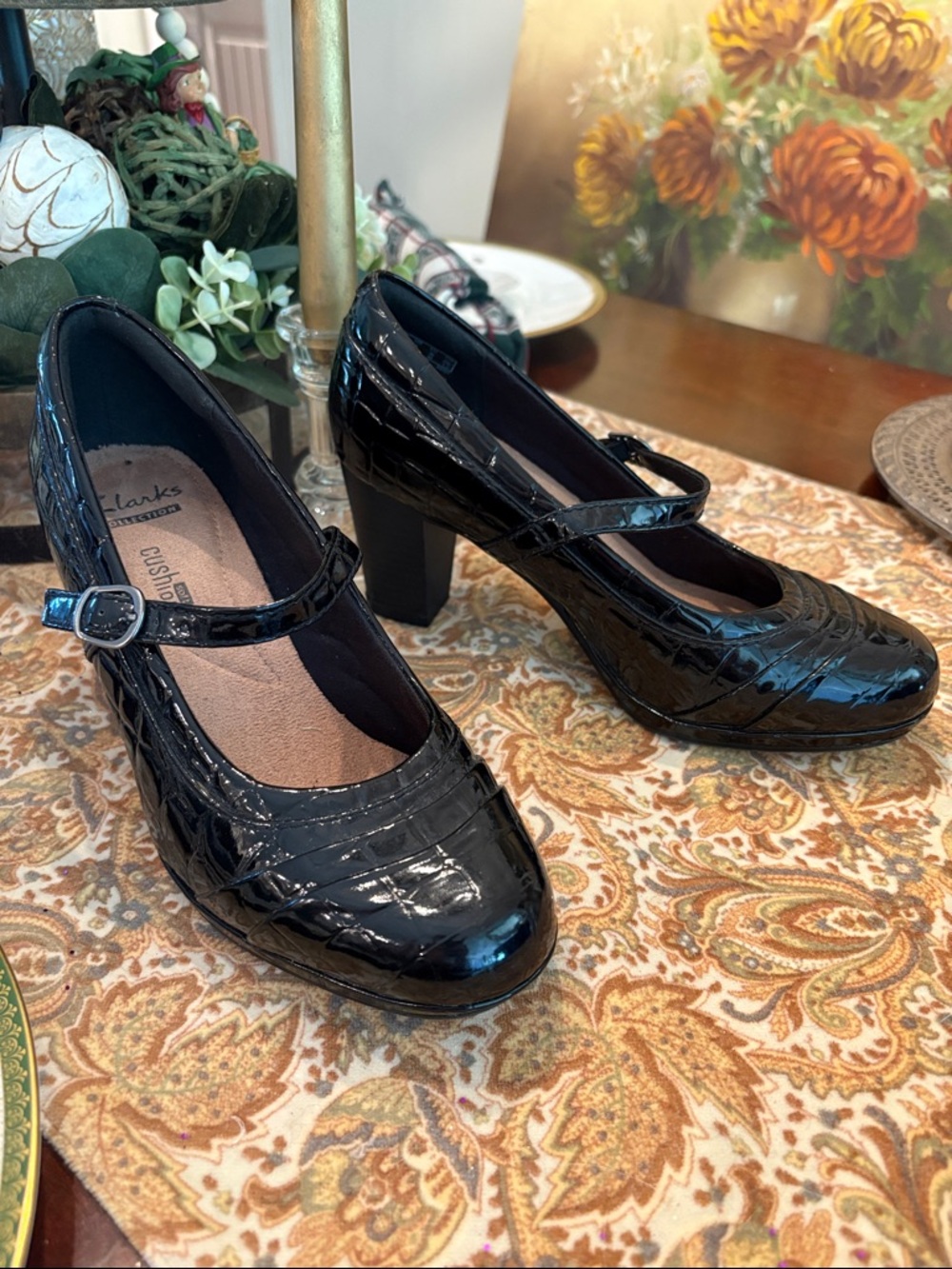 Clarks Black Brynn Ivy Mary Jane Block Heel Pumps